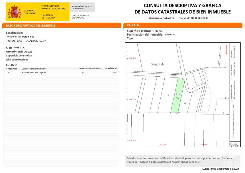 Terra de 1.489 m² a Castrocalbón (24760)